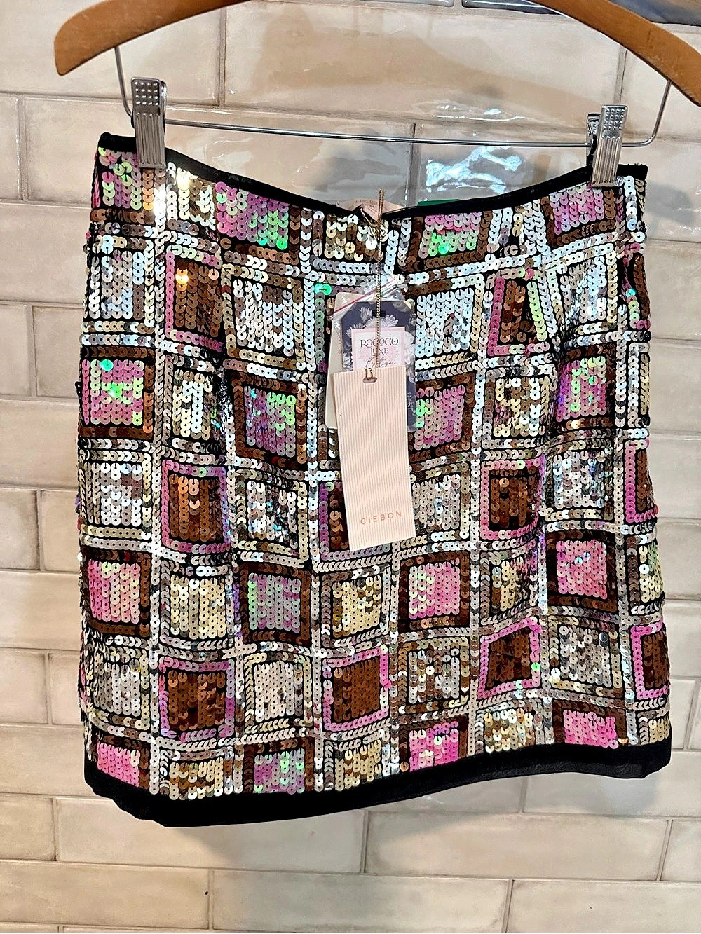 NWT CIEBON Sequin Mini Skirt Silver Pink bronze geometric lined Anthropologie M - Picture 4 of 15